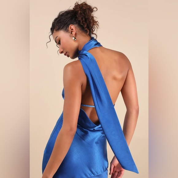 Lulus Reglan Blue Satin One-Shoulder Sash Midi Dress - Picture 2 of 9